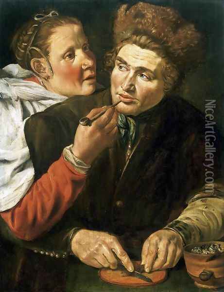A Man Cutting Tobacco Oil Painting - Werner Jacobsz. van den Valckert