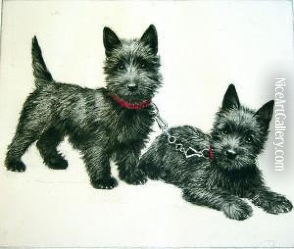 Two Scottish Terriers; Child With A Terrier Oil Painting - Meta Pluckebaum