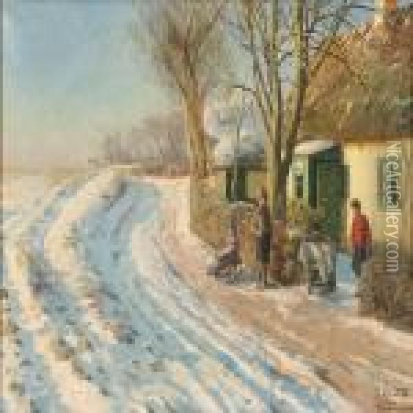 Sunny Winter Day In Harrestrup With Children On Their Way Out To Sledding, Denmark Oil Painting - Peder Mork Monsted