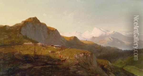 Sunset Over Thewatzmann Oil Painting - Michael Lueger