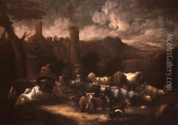Cattle And Goats In Italianate Landscapes With    Classical Ruins Oil Painting - Johann Melchior Roos