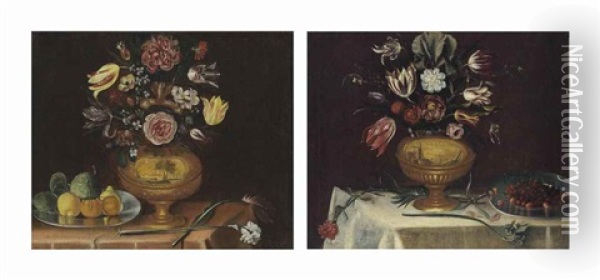 Roses, Tulips, Jasmine And Other Flowers In An Urn With Oranges, Lemons And Other Fruit On A Platter, On A Cloth Covered Table; And Roses, Tulips, And Iris And Other Flowers With Cherries In A Pewter Dish, On A Cloth Covered Table Oil Painting - Giacomo Recco