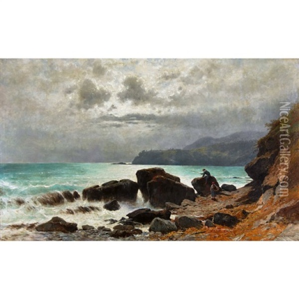 Felsige Meereskuste Mit Angler Und Frau Oil Painting - Gustave Eugene Castan