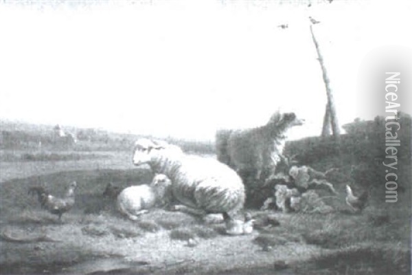 Sheep And Chickens In Rural Landscape Oil Painting - Cornelis van Leemputten