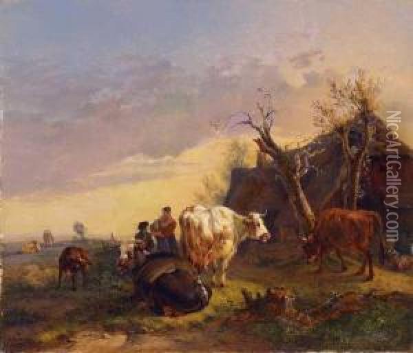 Bauernfamilie Mit Kuhen In Abendlicherlandschaft Oil Painting - Wilhelm Melchior