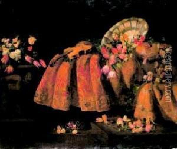 Natura Morta Con Fiori, Frutti, Stoffe Pregiate E Violino Oil Painting - Antonio Gianlisi The Younger
