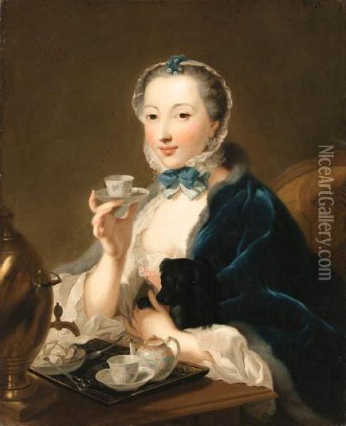 Portrait Of The Artist's Wife, 
Marie Sophie Robert, Half Length,with A Dog And Holding A Tea Cup Oil Painting - Johann Heinrich The Elder Tischbein