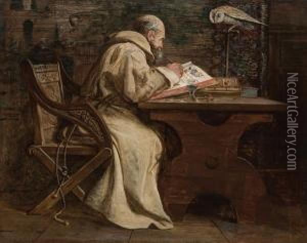 A Monk Illuminating A Manuscript With Perched Oil Painting - Alfred Holst Tourrier