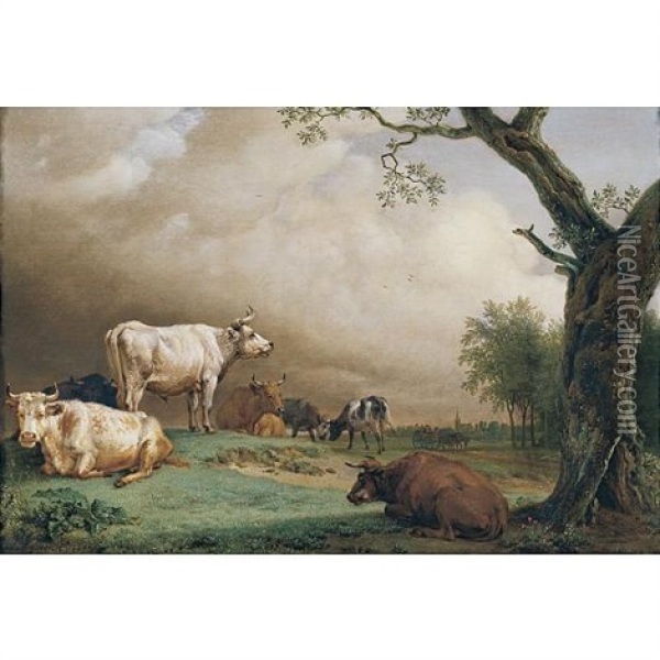 Cattle In A Field, With Travellers In A Wagon On A Track Beyond And A Church Tower In The Distance, A Rain Storm Approaching Oil Painting - Paulus Potter