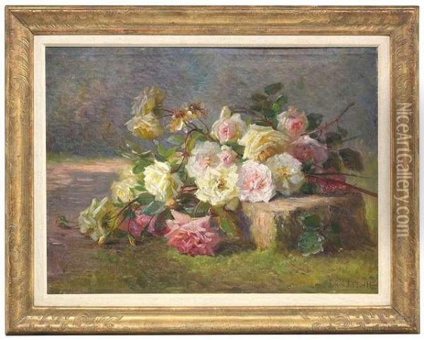 Still-life With White And Red Roses On A Pedestal Oil Painting - Louis Letsch