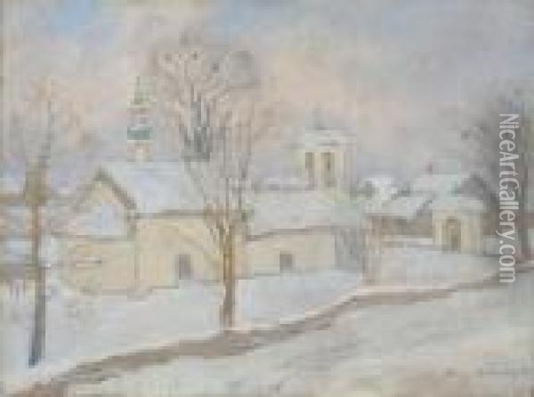 Talvine Maastik Kirikuga Oil Painting - Nikolai Petrovich Bogdanov-Belsky