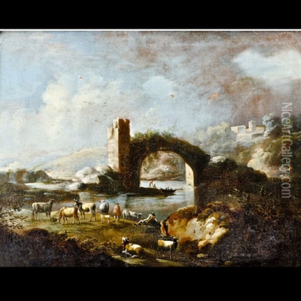 Capriccio Architettonico Con Figure Ed Armenti Oil Painting - Marco Ricci