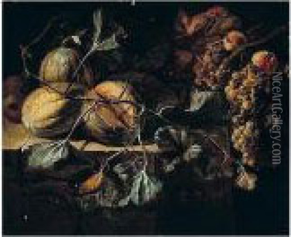 Still Life Of Melons With Apples And Grapes Arranged Upon A Stone Ledge Oil Painting - Michelangelo Cerqouzzi