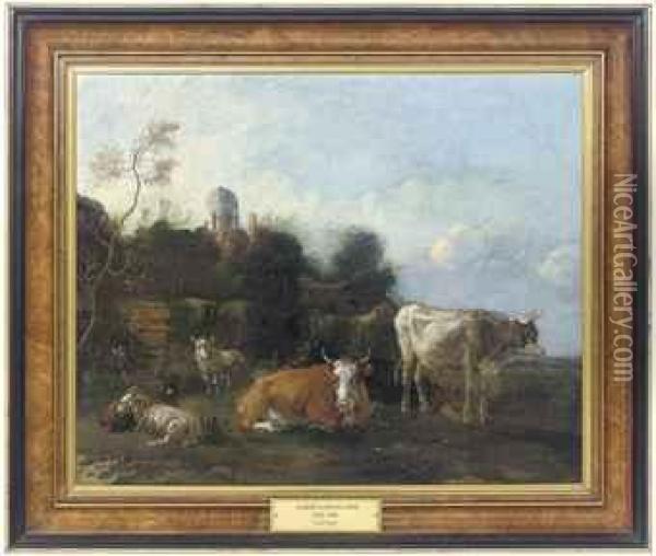 Cattle And Sheep Resting In A Pastoral Landscape Oil Painting - Albert-Jansz. Klomp