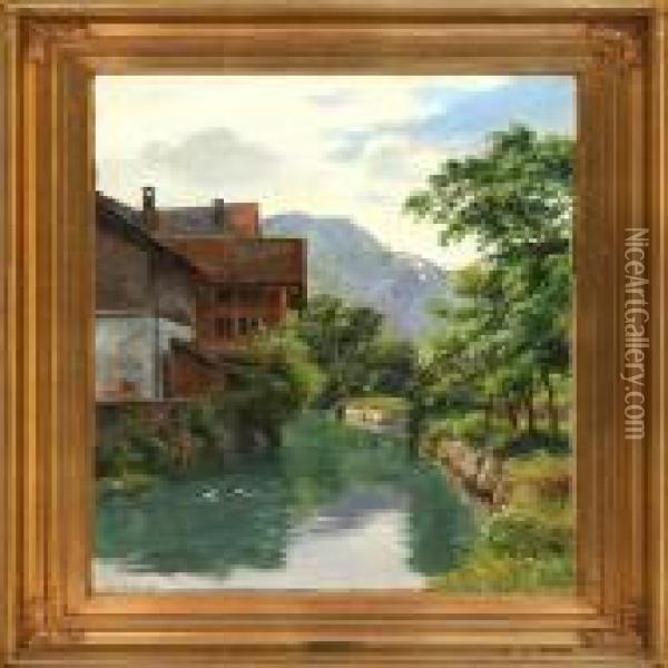 Canal Scene From Germany, Summer Oil Painting - August Fischer