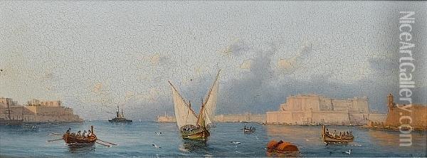 Shipping In The Grand Harbour, Valetta, Malta, A Pair Oil Painting - Luigi Maria Galea