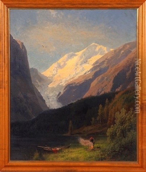 Valley Landscape With Mountains In Distance And Boater Along River Oil Painting - Hermann Herzog