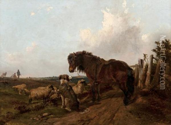 Bay Pony, Sheepdog And Flock On A Moor With Figures Beyond Oil Painting - J. Duvall
