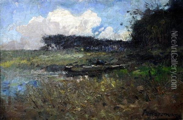 [paysage Boise Avec Pecheurs A La Mare] Oil Painting - Maurice Hagemans