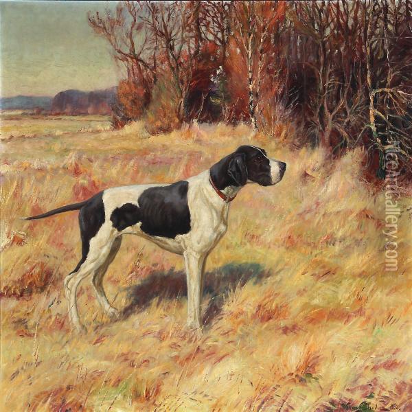 Hunting Scene With A Dog In The Forest Edge Oil Painting - William Gislander