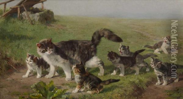 Katzenmutter Mit Ihren Jungen Auf Der Wiese Oil Painting - Julius Adam