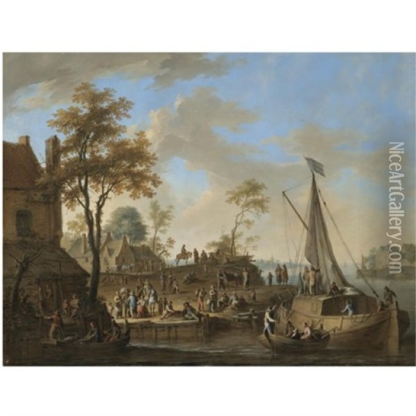 A River Landscape With Workers Loading Cargo Onto A Moored Boat Oil Painting - Franz de Paula Ferg