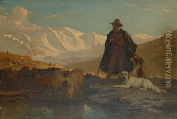 Shepherd And Flock In An Alpine Landscape. Oil Painting - Albert De Meuron