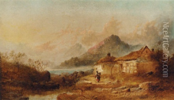 A Figure Before A Cottage In A Landscape Oil Painting - Joseph Horlor