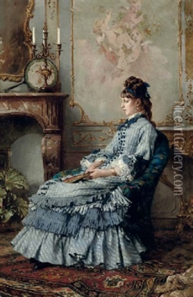 A Seated Girl In An Elegant Blue Dress Oil Painting - Frederik Hendrik Kaemmerer