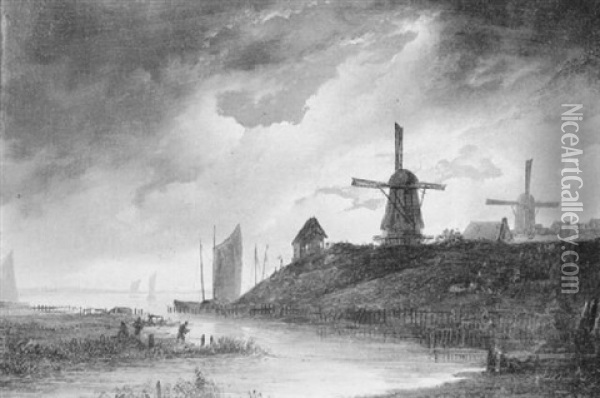 Windmills On A Moonlit Estuary Oil Painting - Aert van der Neer