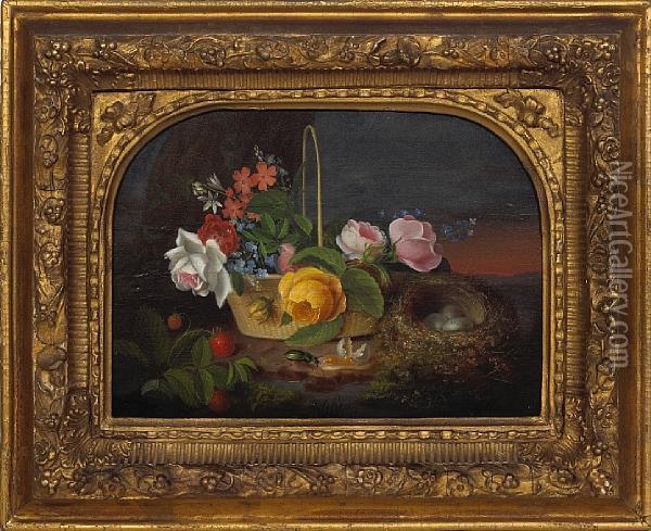 A Still Life With Flowers, Beetle And Bird'snest Oil Painting - George Forster