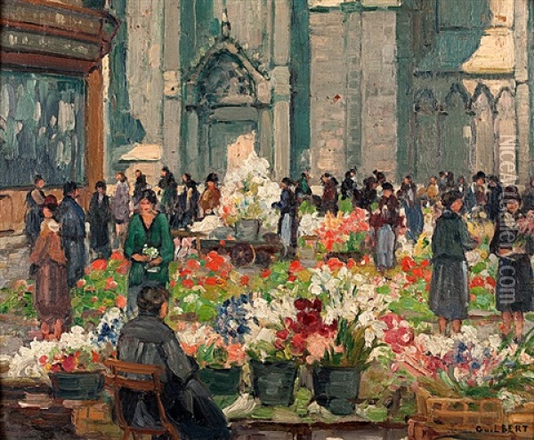 Le Marche Aux Fleurs Sur La Place De Rouen Oil Painting - Narcisse Guilbert