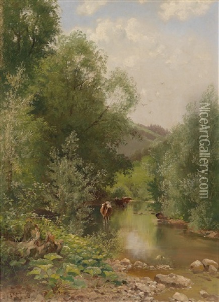 Sommerliche Flusslandschaft Mit Kuhen Oil Painting - Adolf Kaufmann