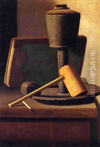 Still Life with Book, Lamp, Pipe and Match Oil Painting - John Frederick Peto