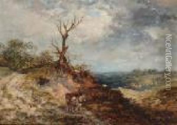 A Horse Drawn Cart In A Rugged Country Landscape Oil Painting - John Linnell