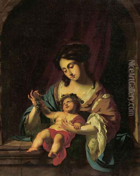 The Madonna and Child in a feigned stone niche Oil Painting - Simon Vouet