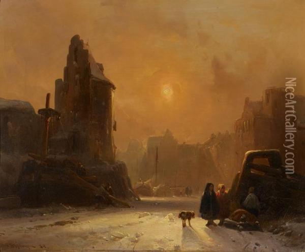 An Icy Winter Day On A Frozen Canal In A Dutch City Oil Painting - Wijnandus Johannes Josephus Nuyen