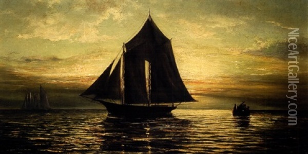 A Schooner At Sunset On Lake Pontchartrain Oil Painting - William Henry Buck