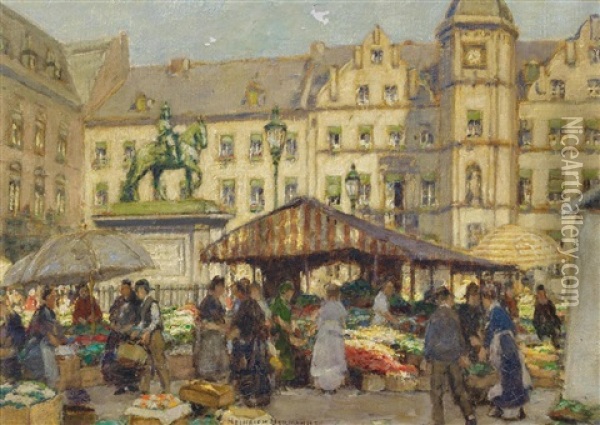 Marktstande In Dusseldorf Unterhalb Des Reiterdenkmals Des Jan Wellem Oil Painting - Heinrich Hermanns