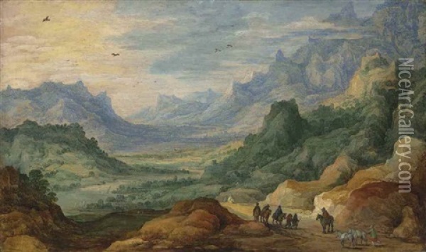 A Mountainous Landscape With Travellers And Herdsmen On A Path Oil Painting - Joos de Momper the Younger