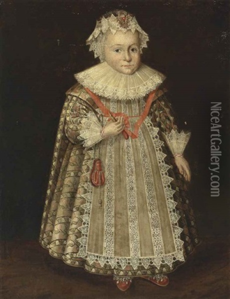 Portrait Of Anne Fisher (1585-1660), Full-length, In A Richly Embroidered White Dress With Flower Ornaments, Lace Cuffs And A Ruff, Wearing A Jewelled Lace Bonnet Oil Painting - Marcus Gerards the Younger