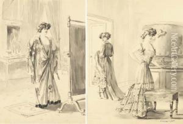 Femme Vetue D'une Robe Chinoise Se Regardant Dans Un Miroir Oil Painting - Pierre Desire Eugene Franc Lamy