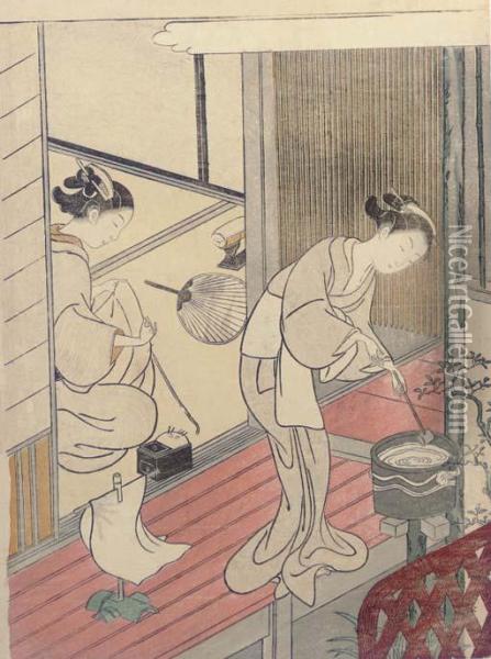 Tenugui-kake Kihan Oil Painting - Suzuki Harunobu