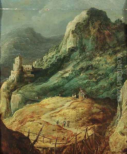 A mountainous landscape with travellers by a hut and a shepherd in a pasture Oil Painting - Joos De Momper
