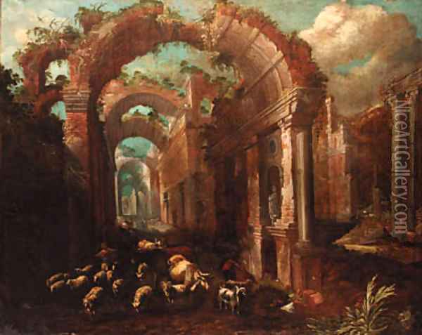 A capriccio of a ruined classical arcade Oil Painting - Pauwels Franck, Called Paolo Fiammingo