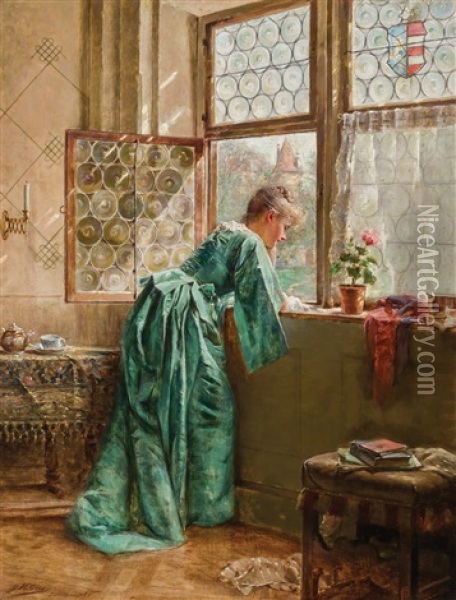 Woman In A Window Oil Painting - Joseph W. Geis