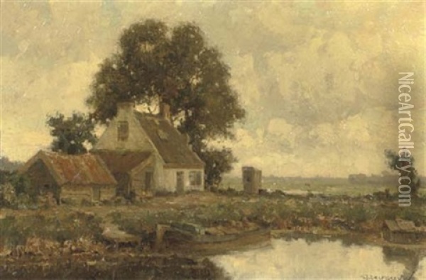 Bij Voorschoten - A White Farmhouse Oil Painting - Gerard Delfgaauw