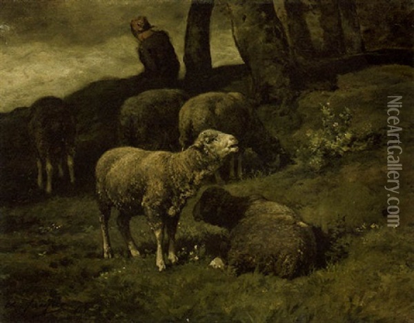 Grazing Sheep With Shepherdess Beyond Oil Painting - Charles Emile Jacque