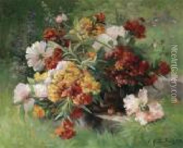 Flowers In Awillow Basket Oil Painting - Eugene Henri Cauchois