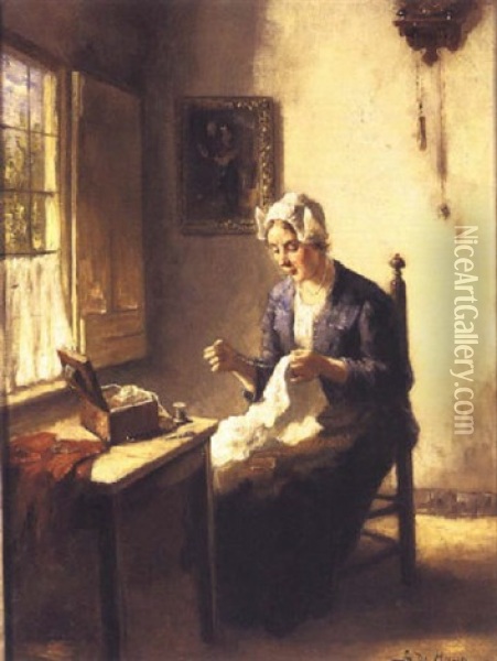 A Lady Sewing In An Interior Oil Painting - Bernard de Hoog